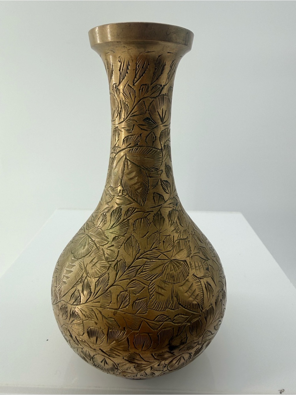 Brass Leaf-Engraved Decorative Vase - Gold Finish